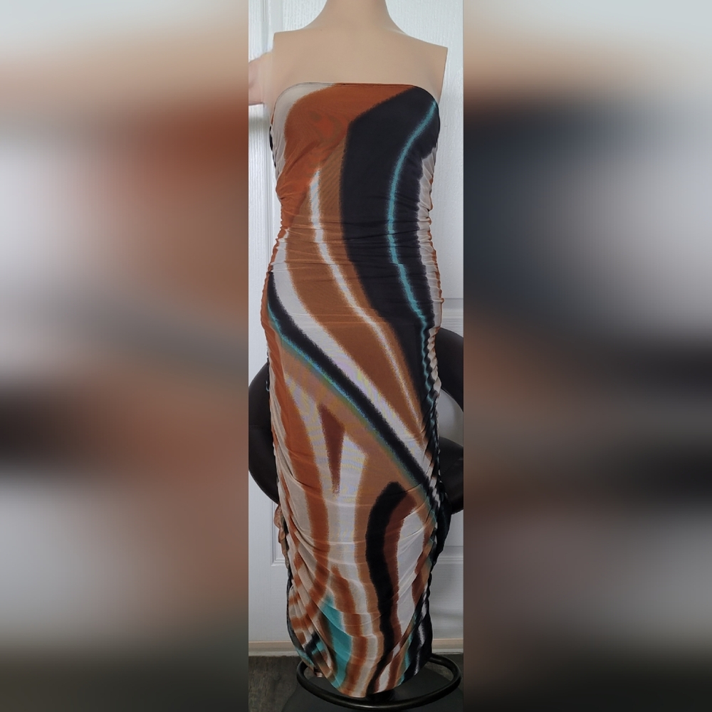 FUZZI Womens Multicolor  Strapless Ruched Mesh Dress S Stretc  NWT Made in Italy